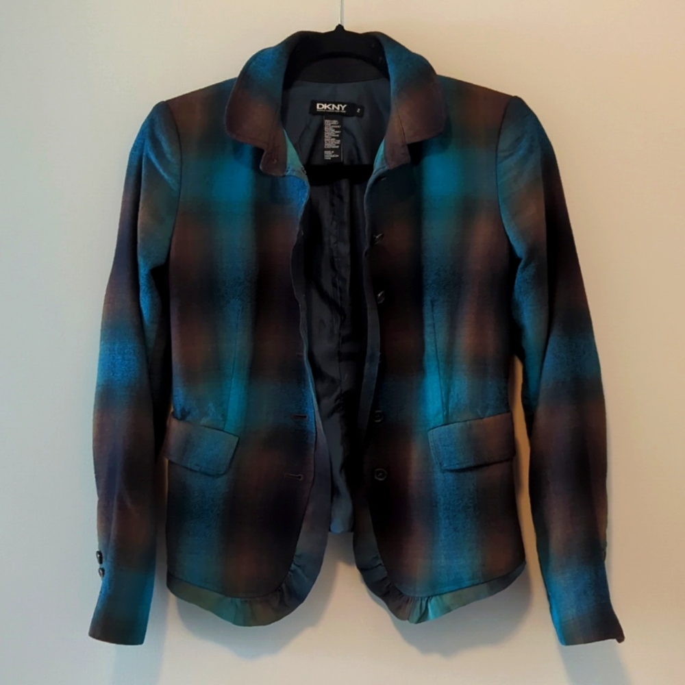 DKNY turquoise and brown plaid wool blazer US 2